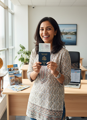 Happy Indian female traveler smiling with passport after successful visa approval at travel agency