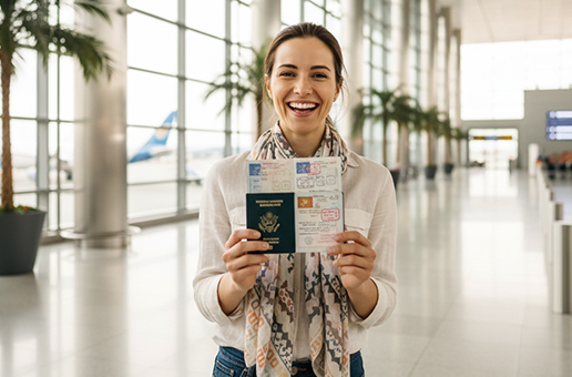 Happy traveler holding passport for international visa application